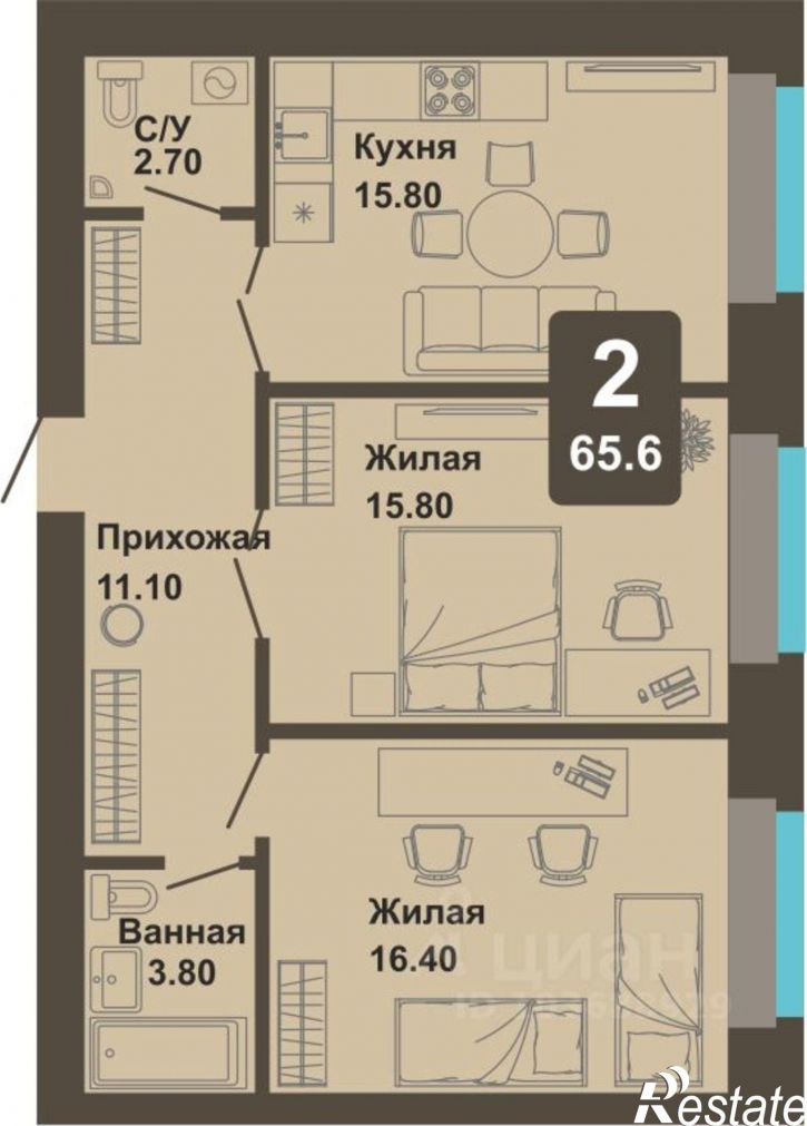 2-комн квартира в новом доме Чебоксары, улица И.П. Прокопьева